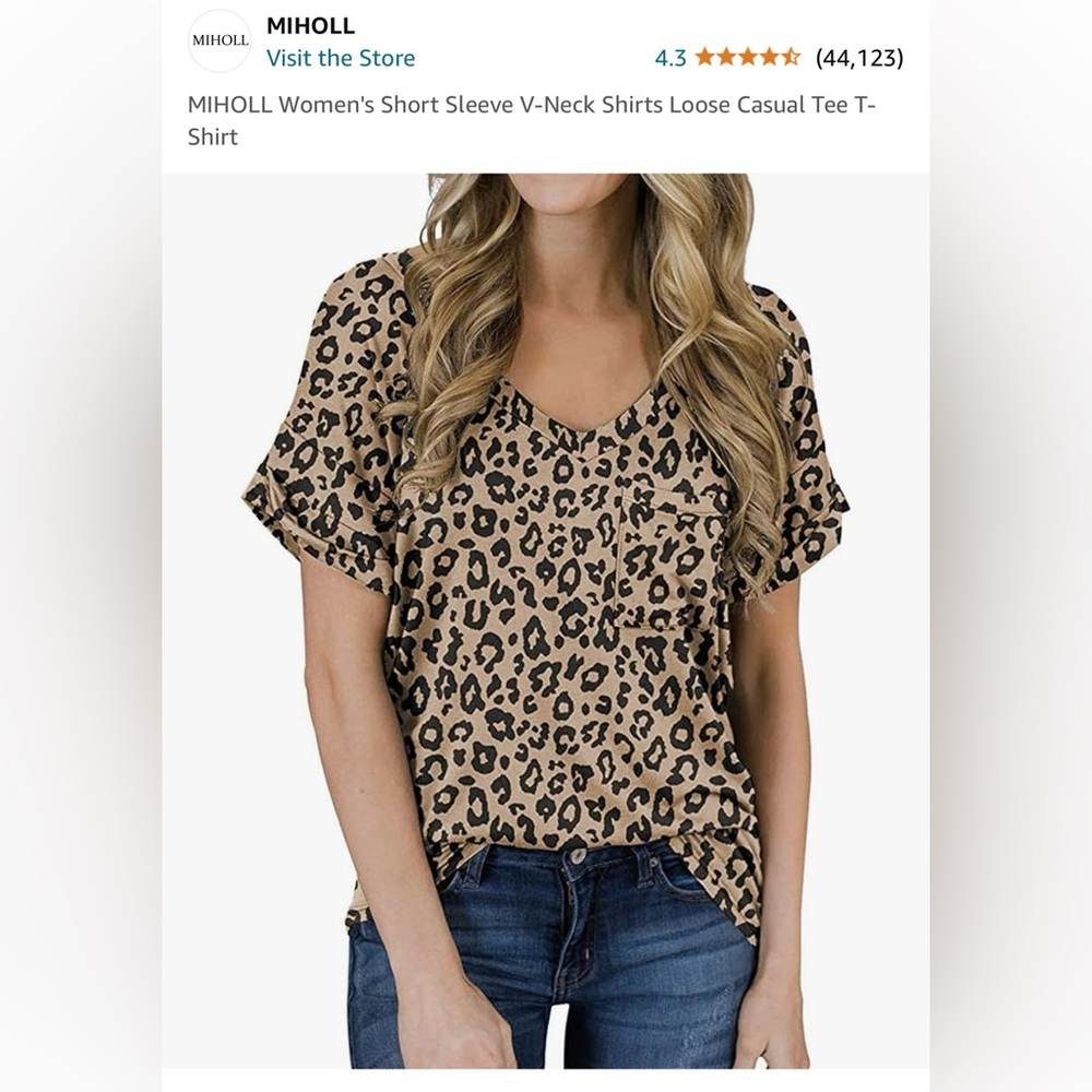 MIHOLL Women’s V Neck Short Sleeve Leopard Print Too with Pocket. Size XXL.